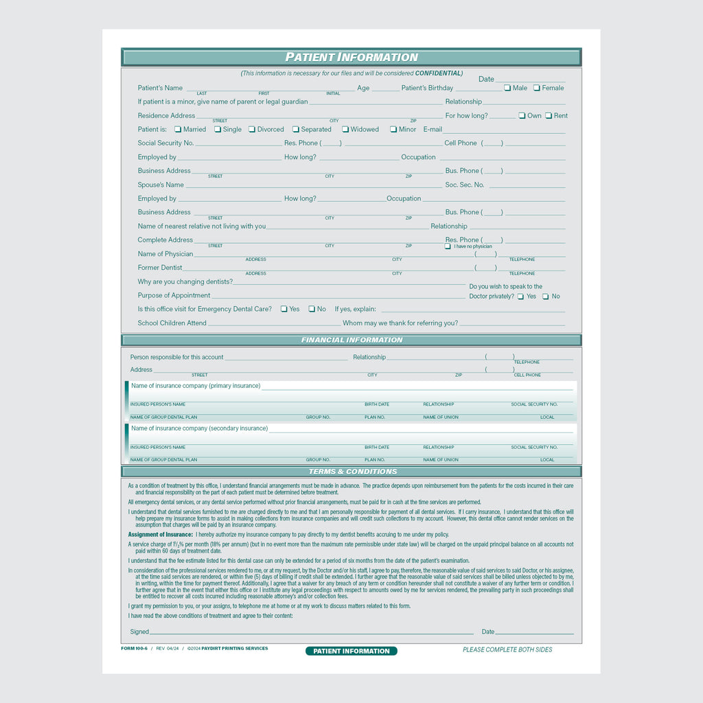 Form 100-6 - Patient Information, Terms and Conditions, Health Questionnaire and Consent