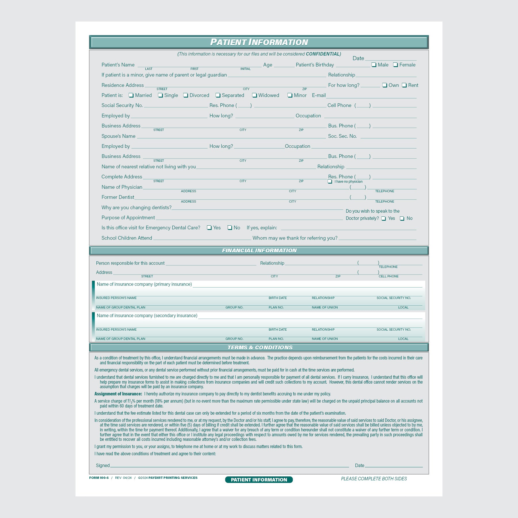 Form 100-6 - Patient Information, Terms and Conditions, Health Questionnaire and Consent