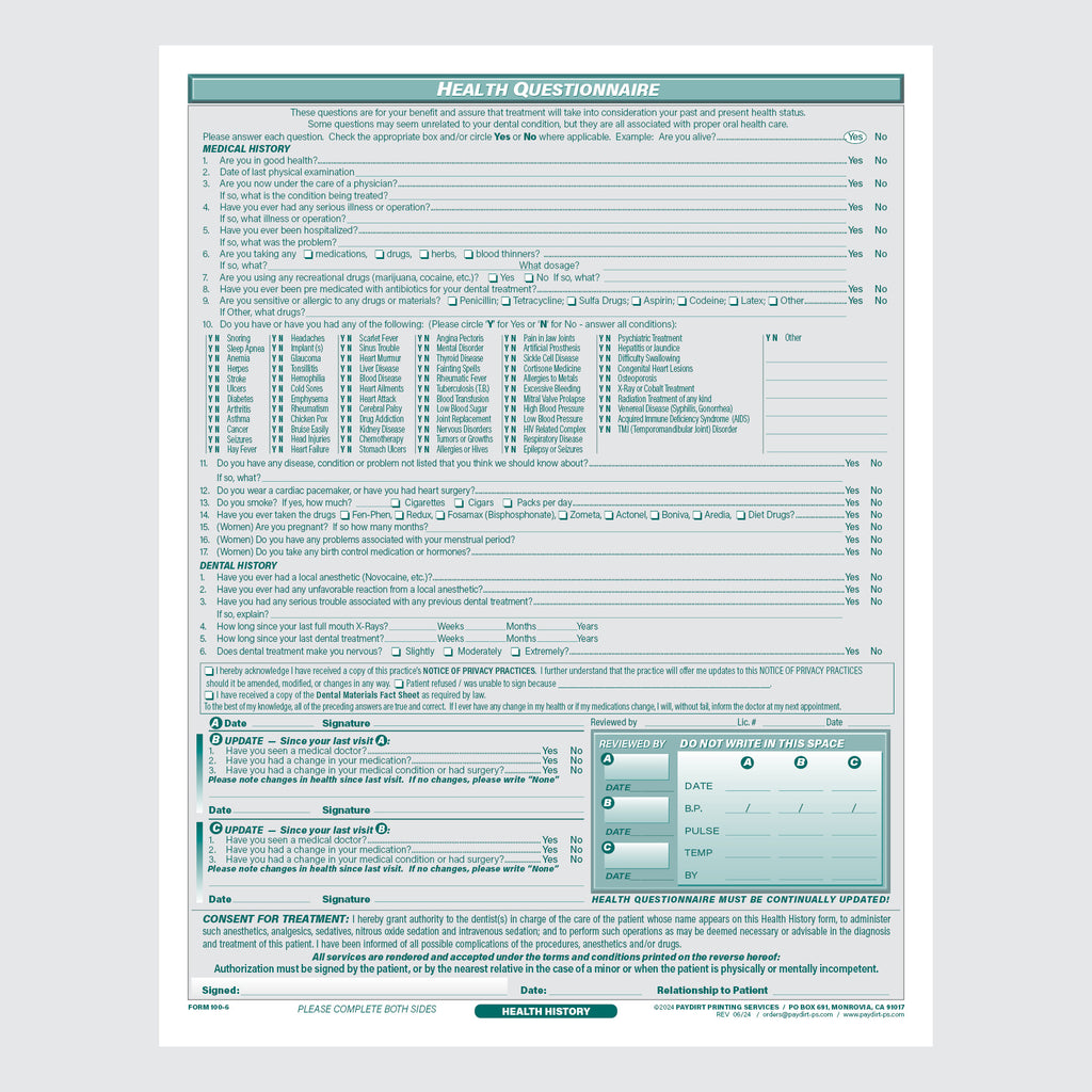Form 100-6 - Patient Information, Terms and Conditions, Health Questionnaire and Consent