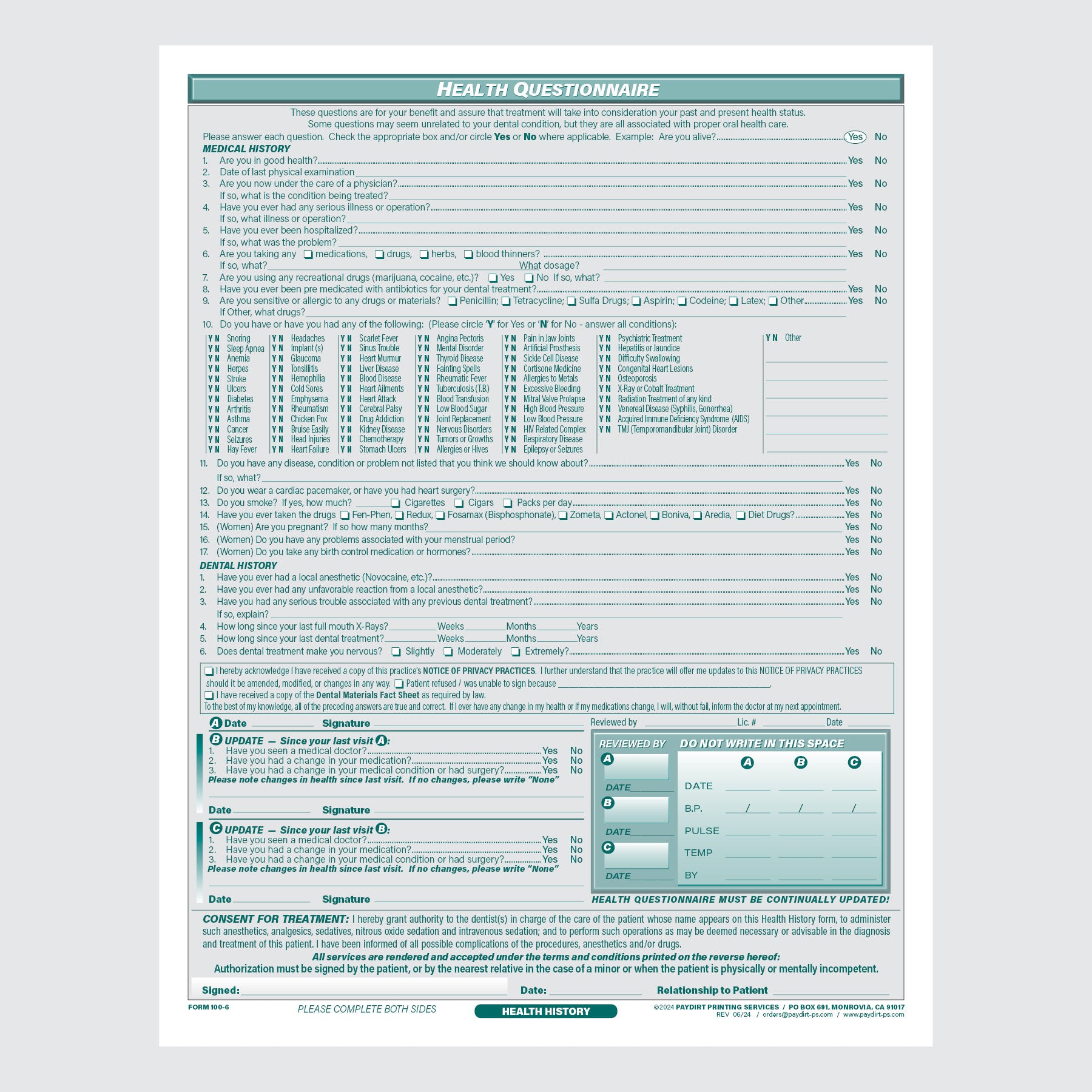 Form 100-6 - Patient Information, Terms and Conditions, Health Questionnaire and Consent