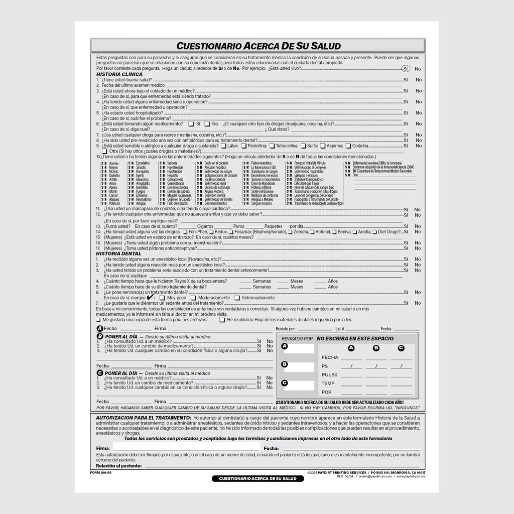 Form 100-6S - Patient Information and Health Questionnaire (Spanish)
