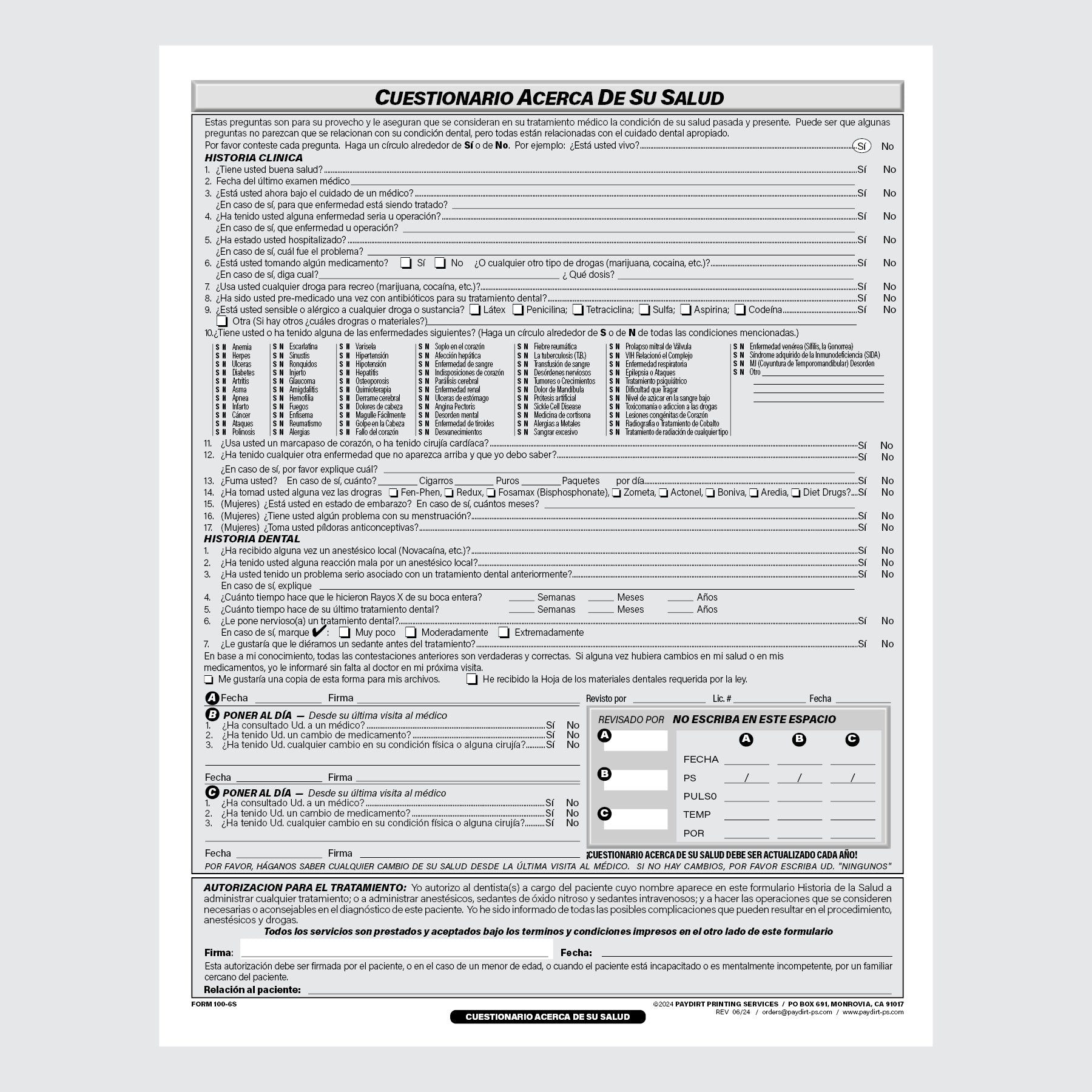 Form 100-6S - Patient Information and Health Questionnaire (Spanish)