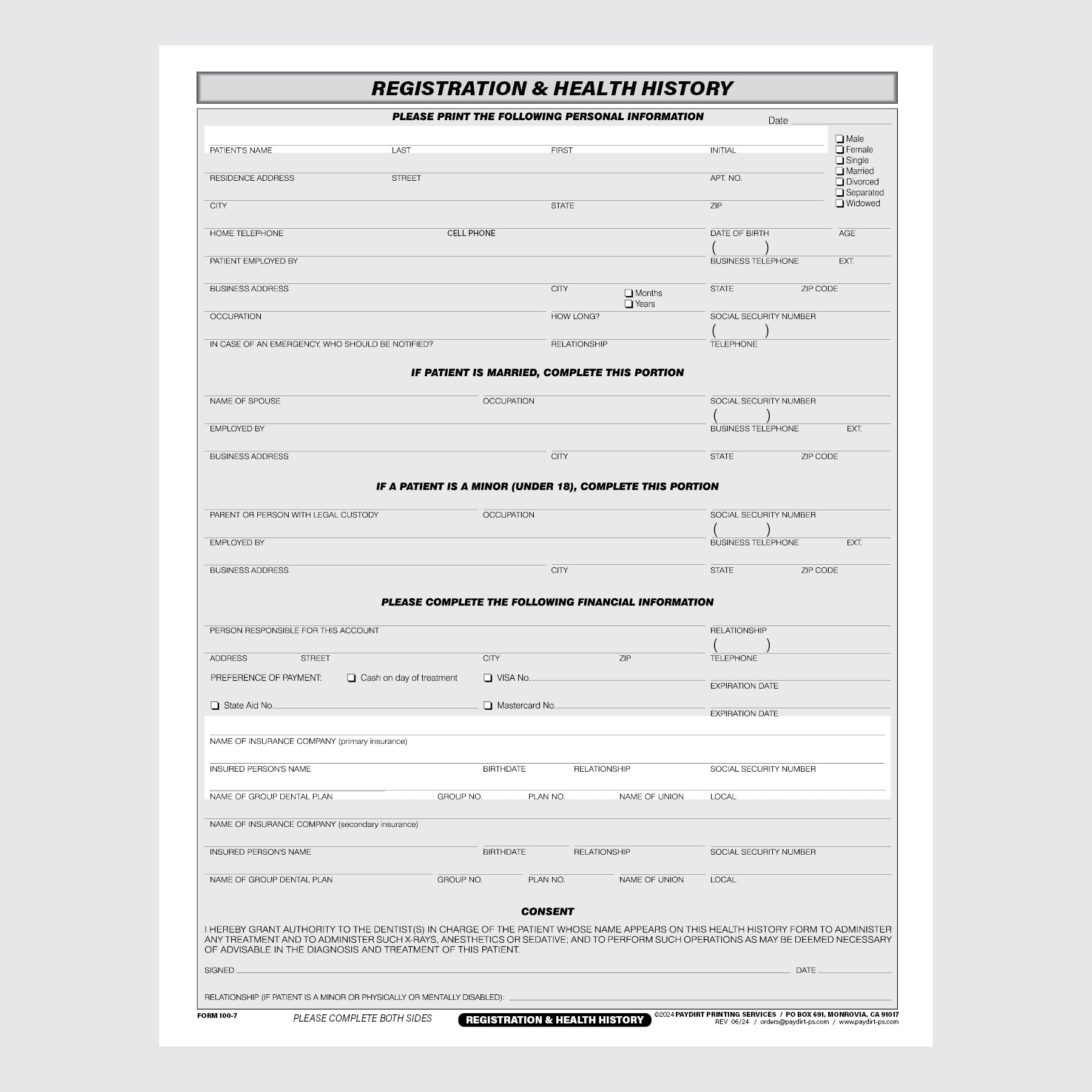 Form 100-7 - Registration and Health History
