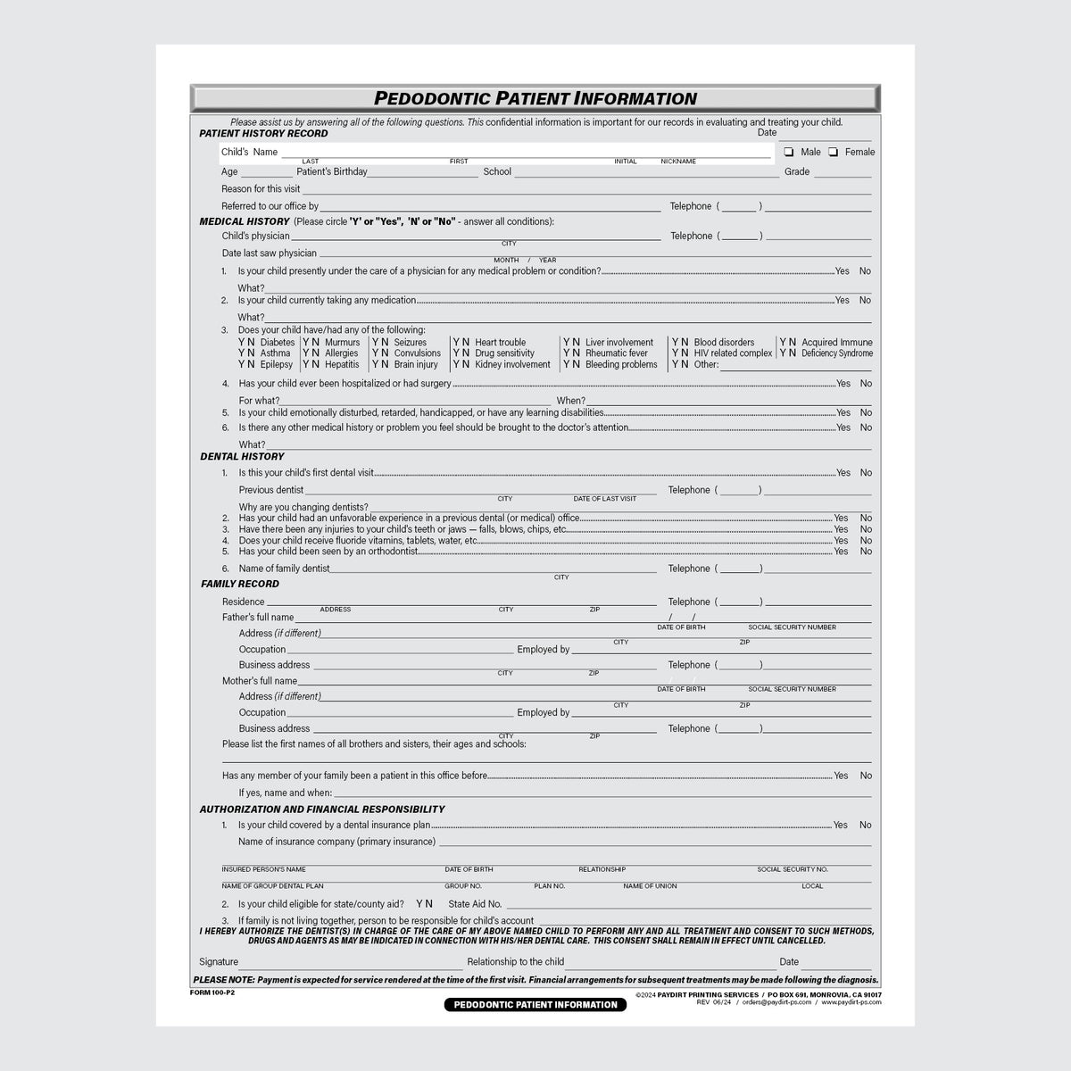 Form 100-P2 - Pedodontic Patient Information
