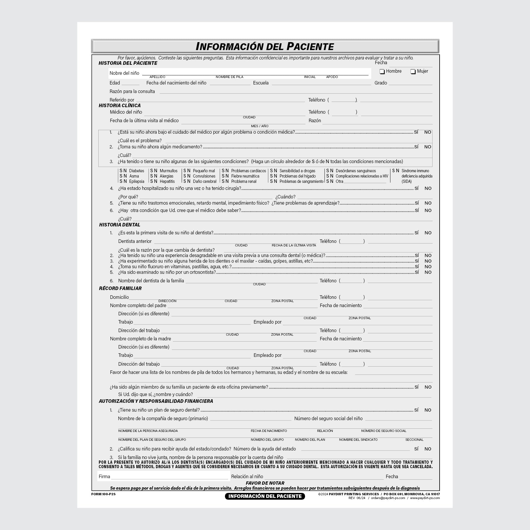 Form 100-P2S - Pedodontic Patient Information (Spanish)