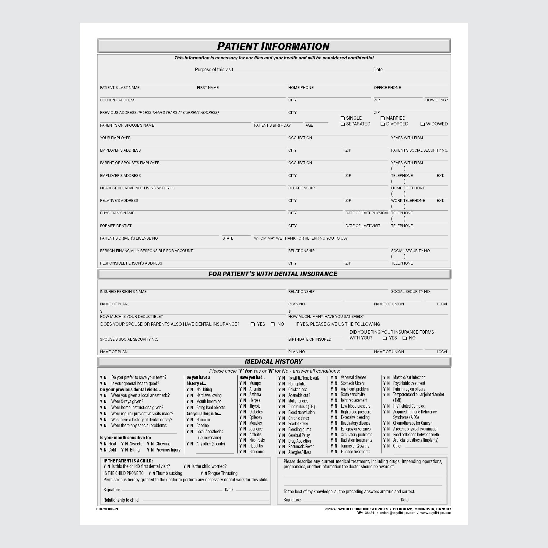 Form 100-PH - Patient Information and Medical History Record