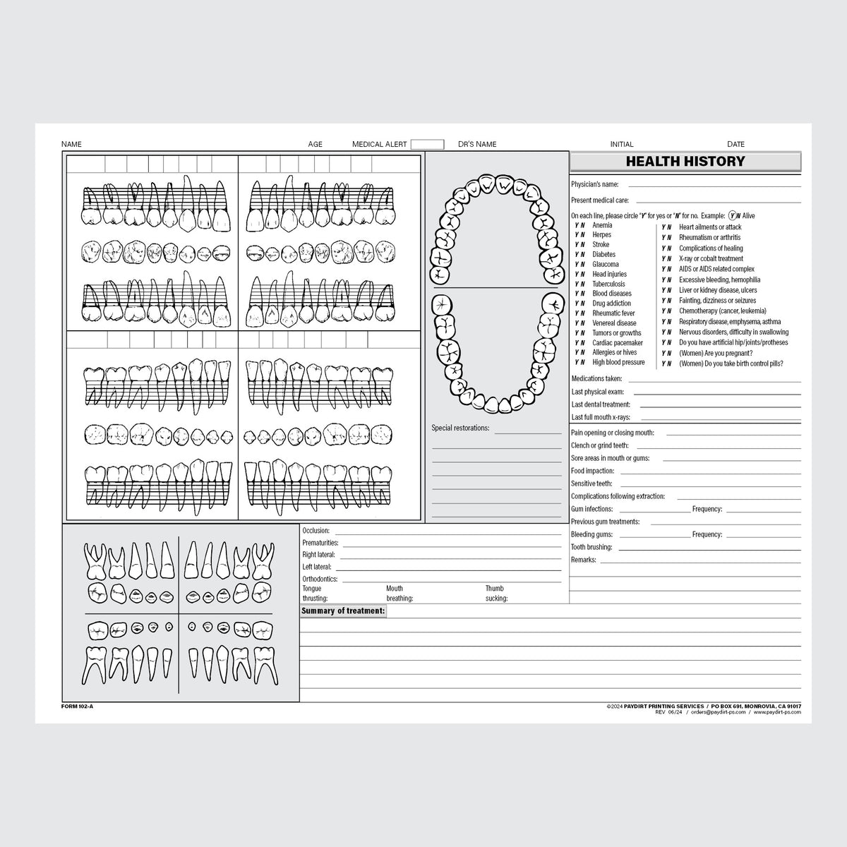 Form 102-A - Dental Exam Chart