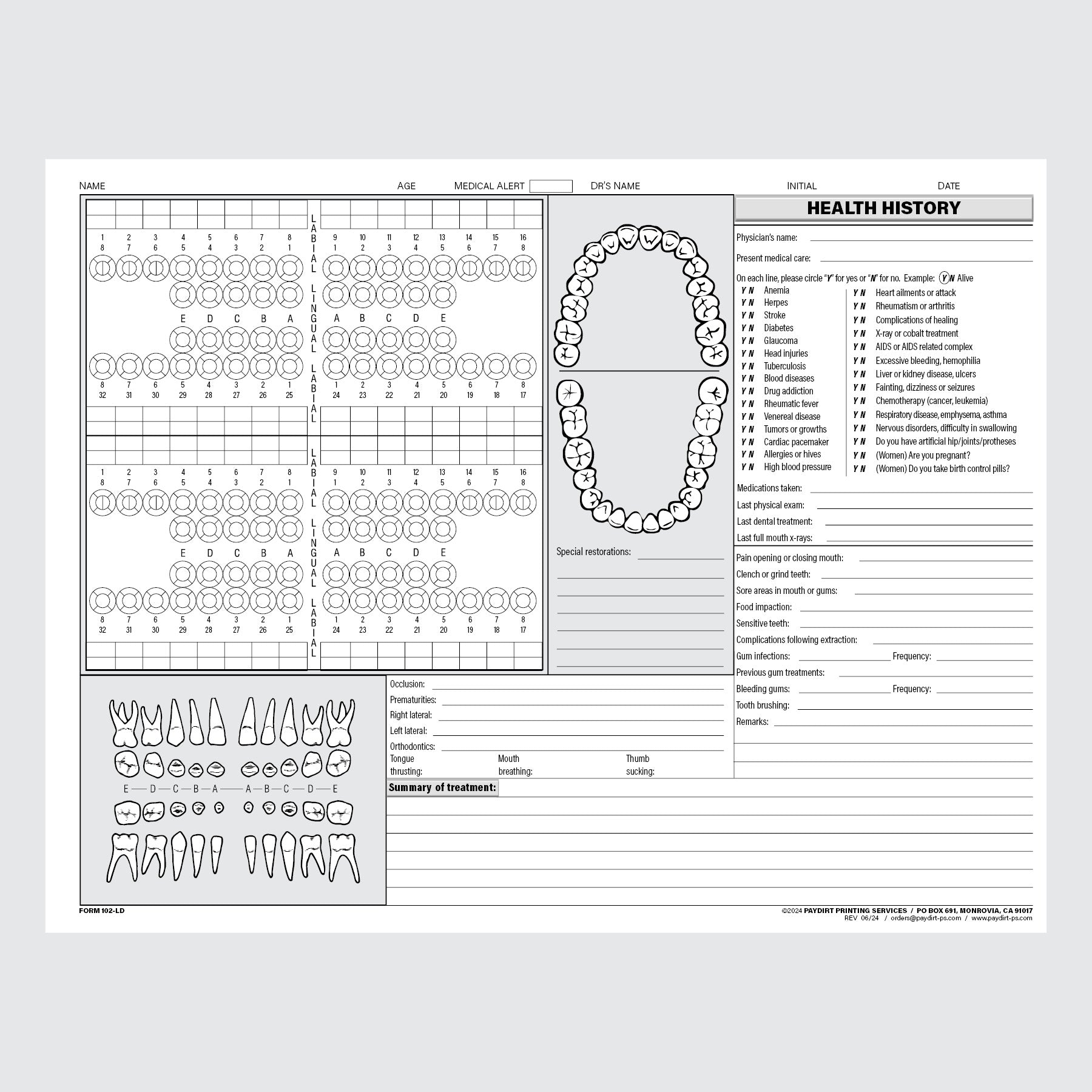 Form 102-LD - Dental Exam Chart