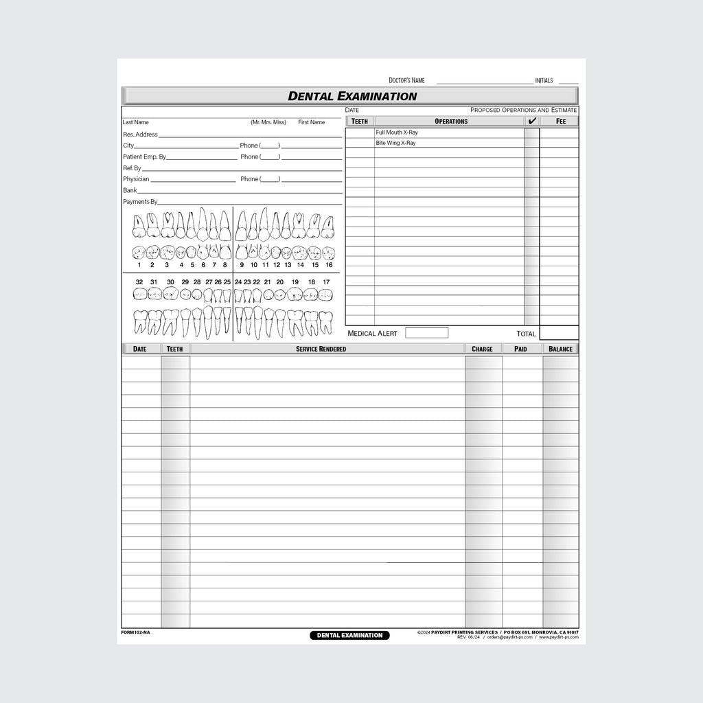 Form 102-NA - Examination Charts
