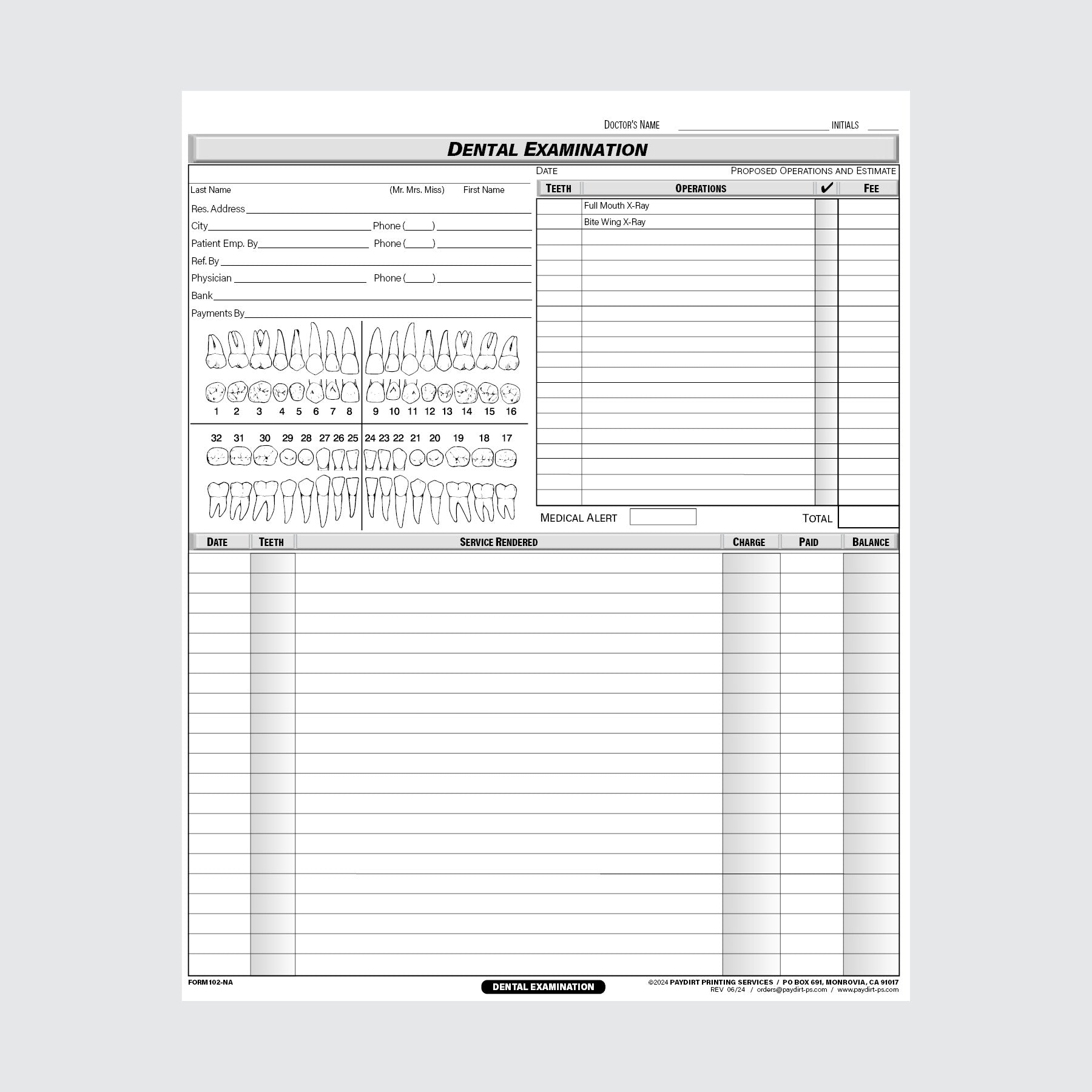 Form 102-NA - Examination Charts