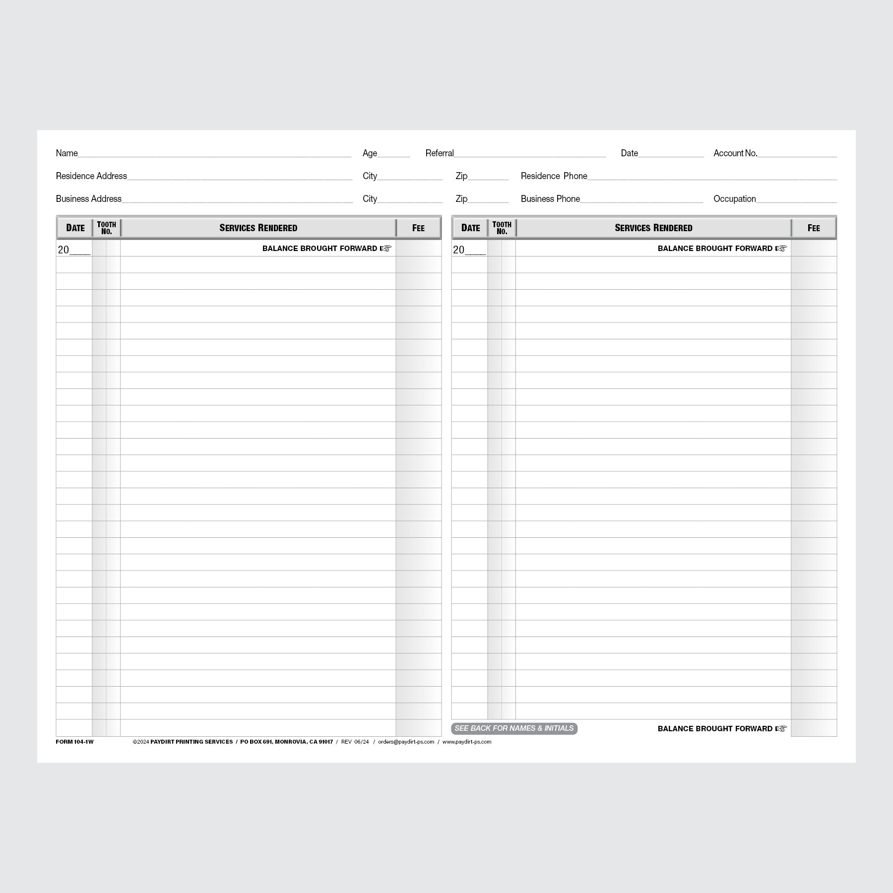 Form 104-1W - Ledger and Treatment Record