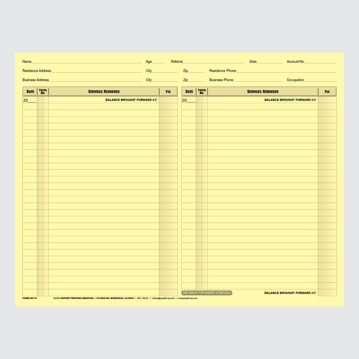 Form 104-1Y - Ledger and Treatment Record