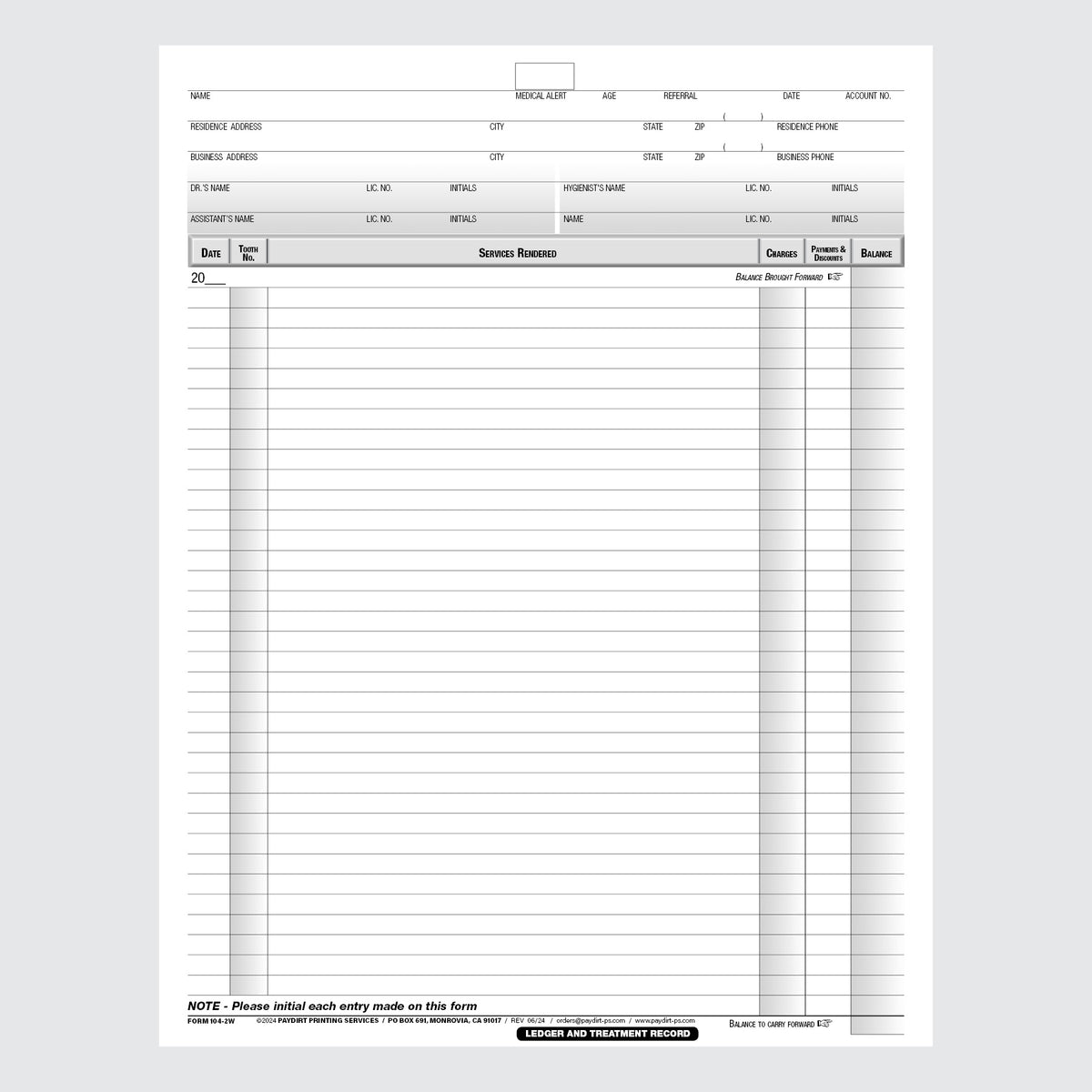 Form 104-2W - Ledger and Treatment Record