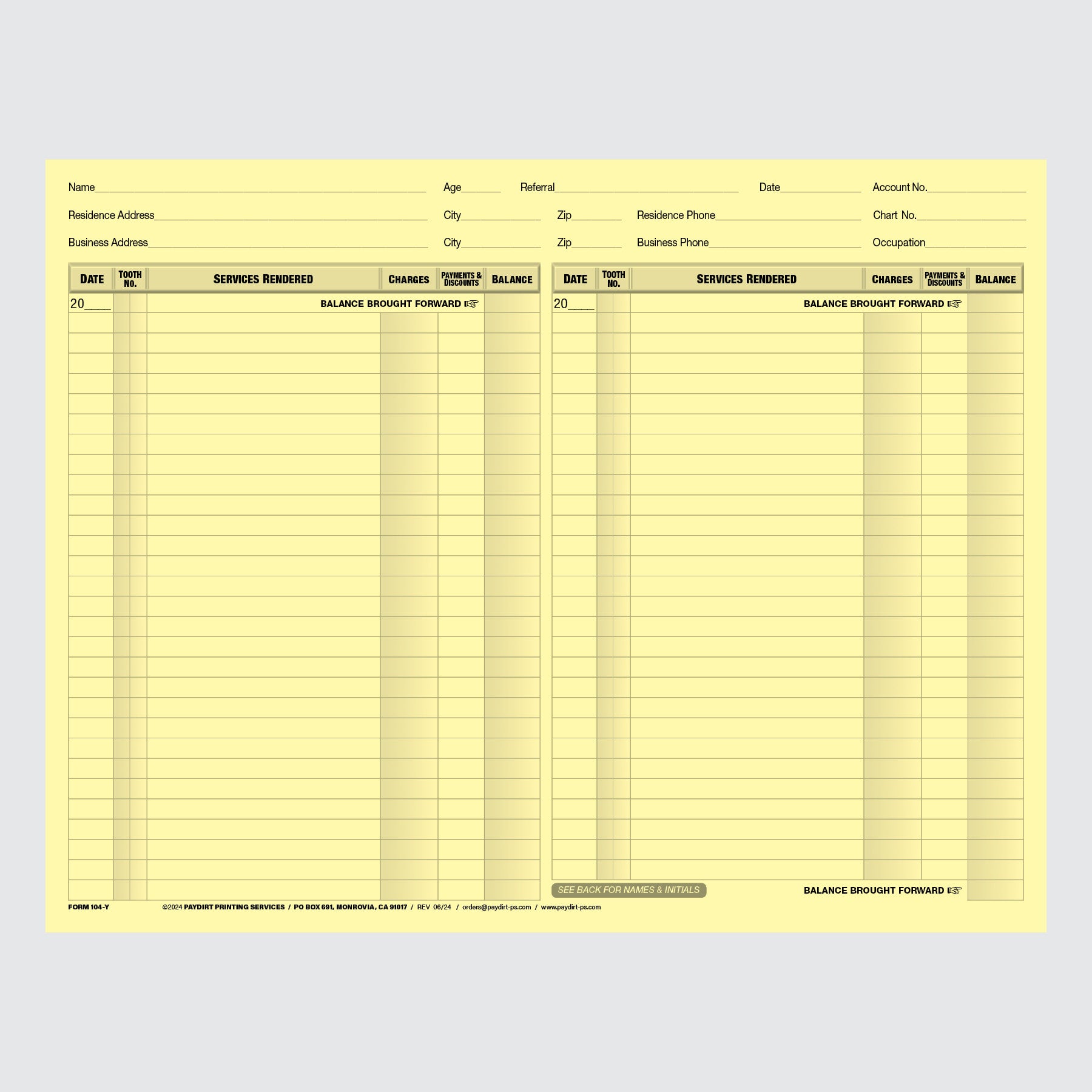 Form 104-Y - Ledger and Treatment Record