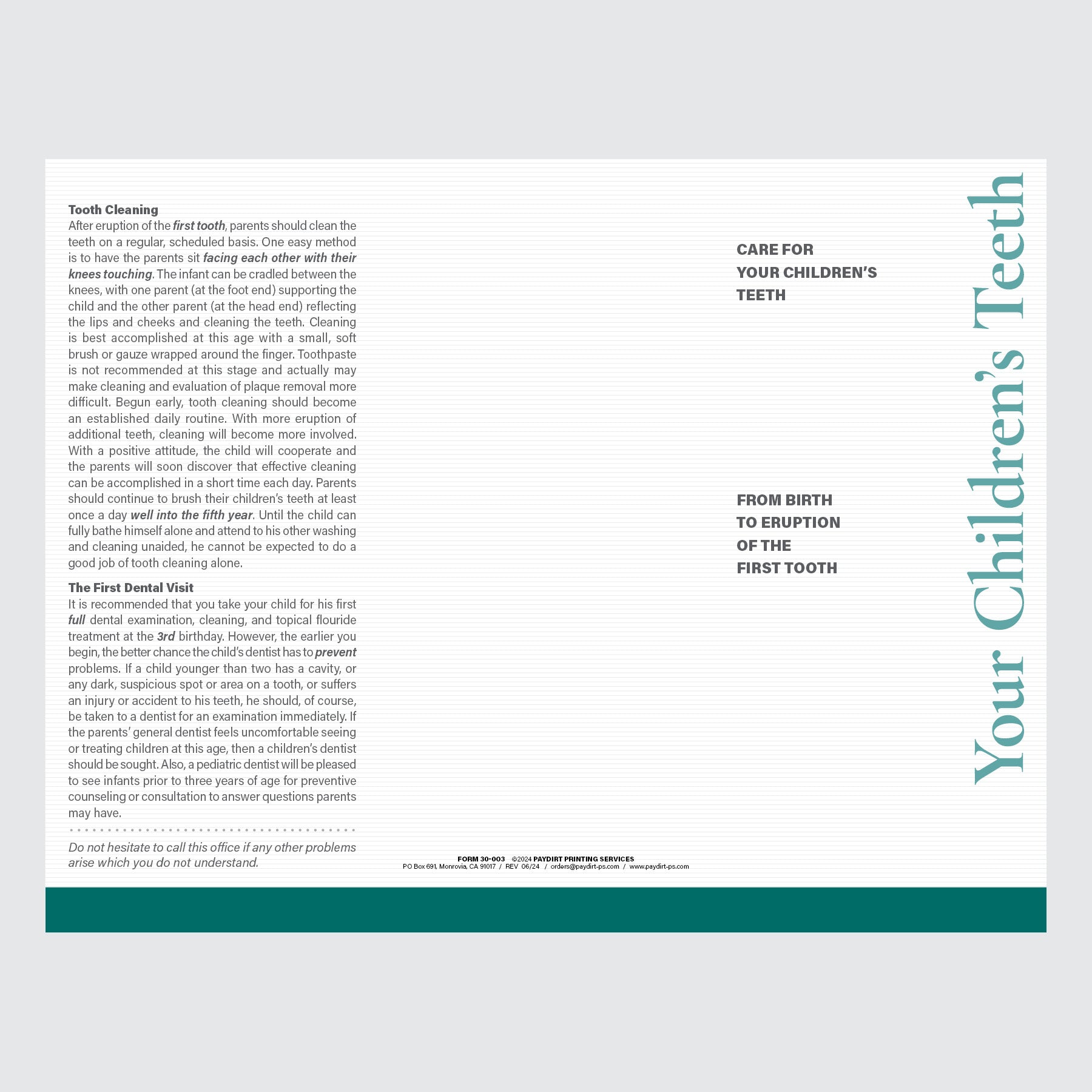 Form 30-003 - Care For Your Children's Teeth