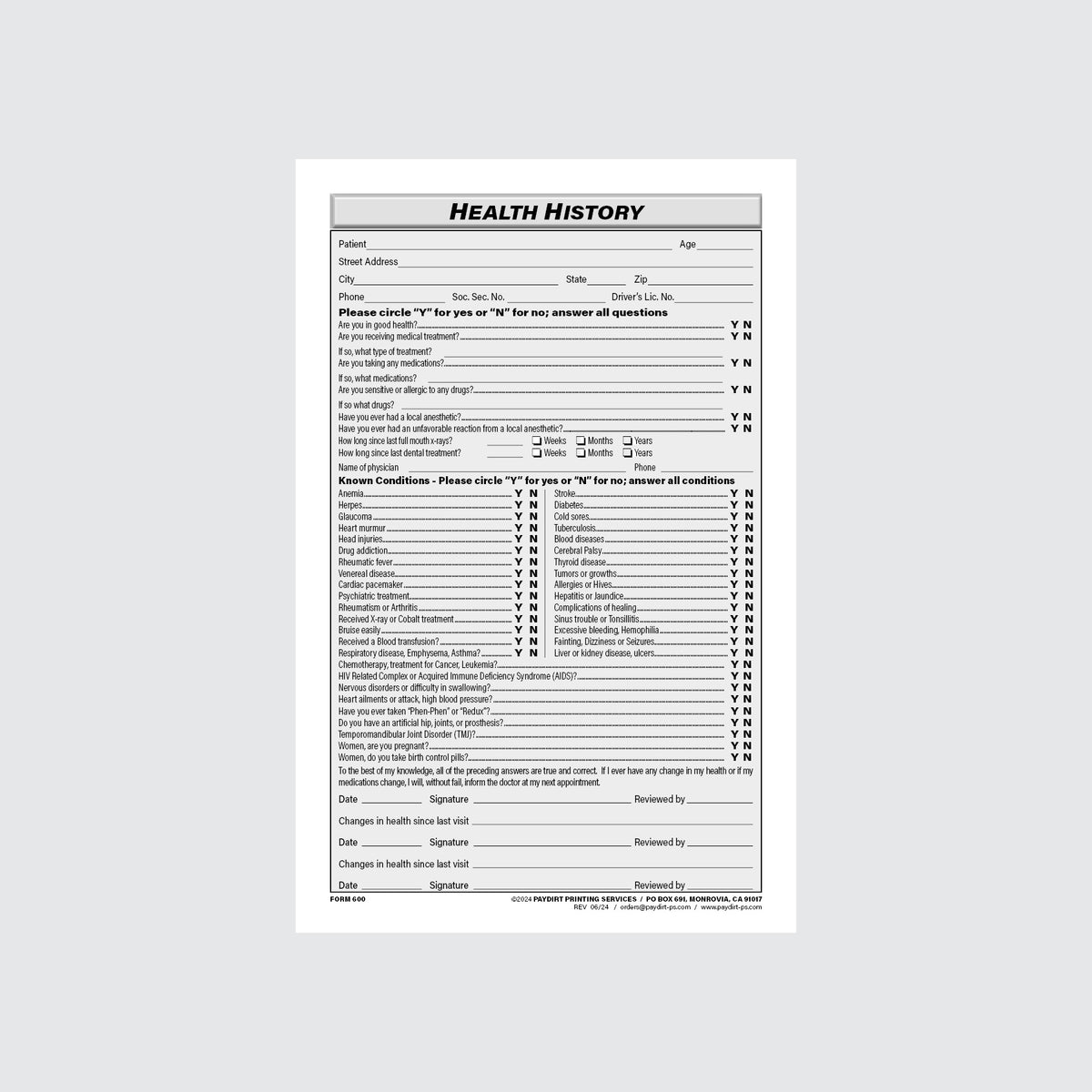 Form 600 - Health History Record