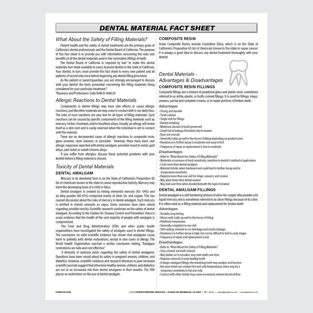 Form 700-1648 Dental Material Fact Sheet