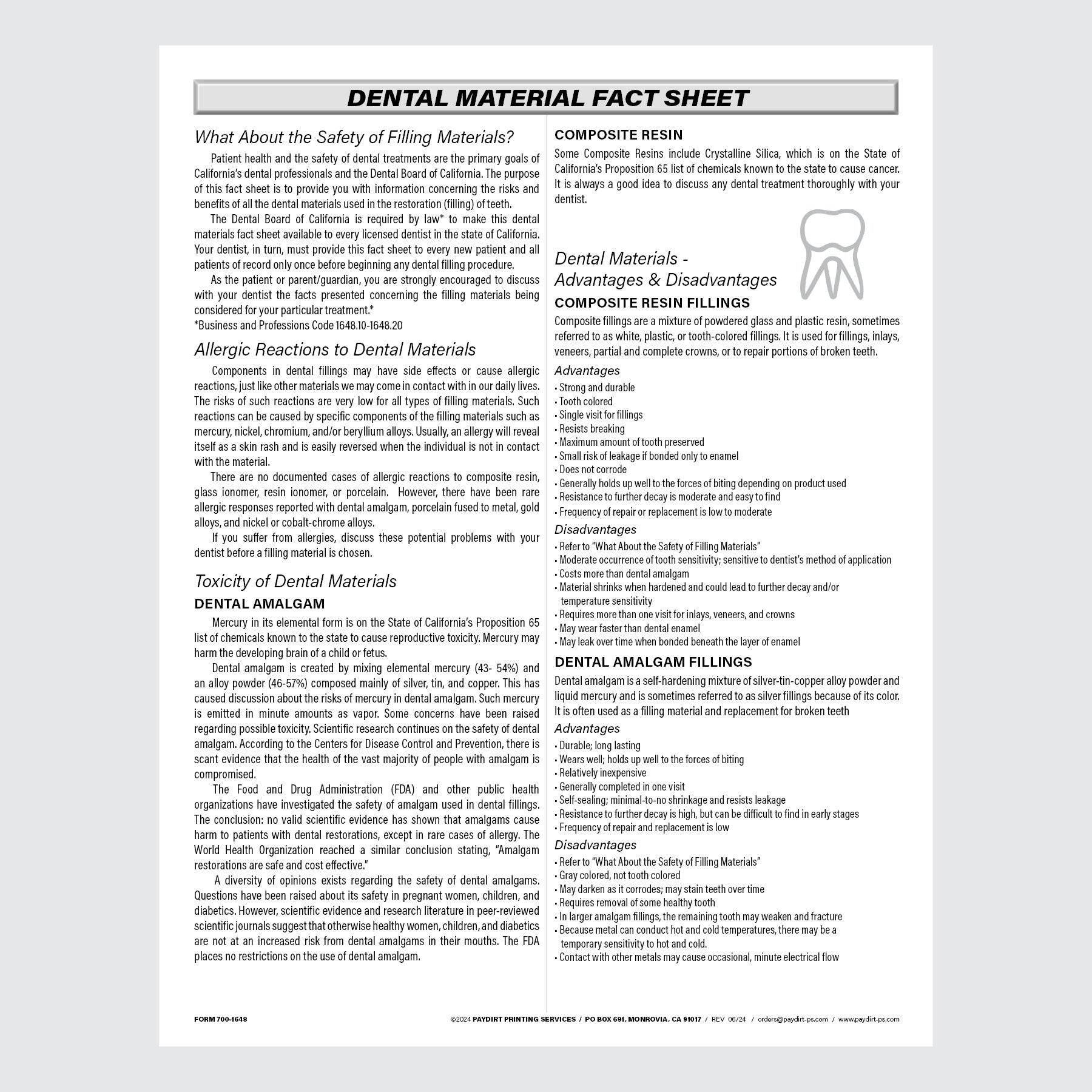 Form 700-1648 Dental Material Fact Sheet