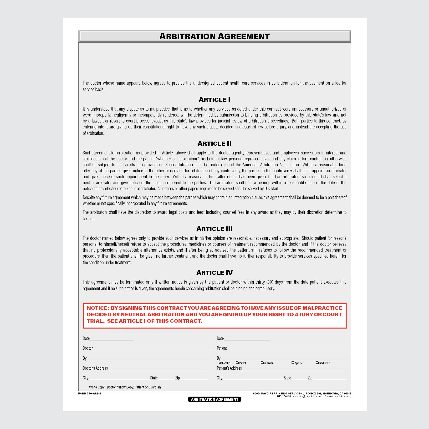 Form 750-ARB-1 - Arbitration Agreement