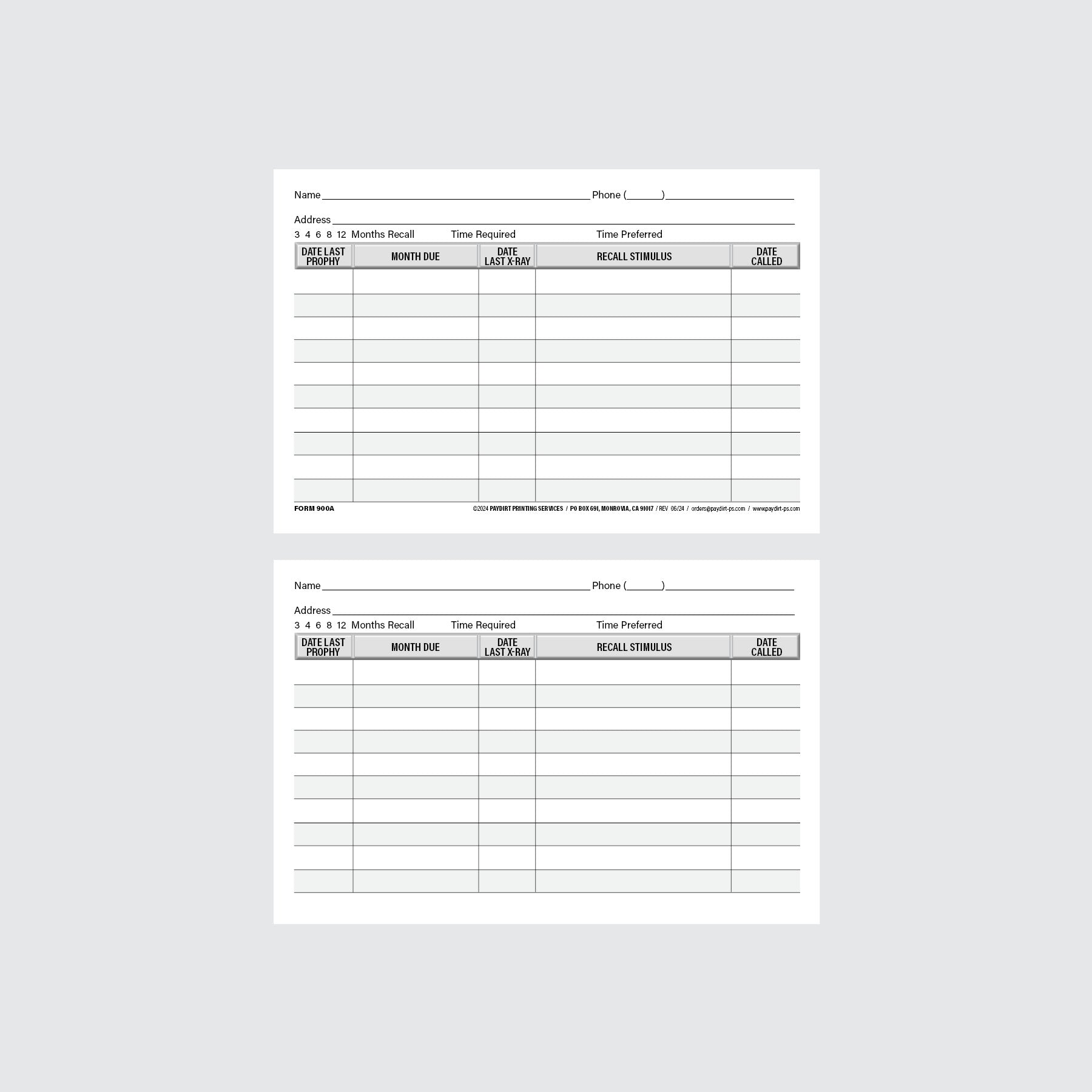 Form 900A - Recall Control Cards