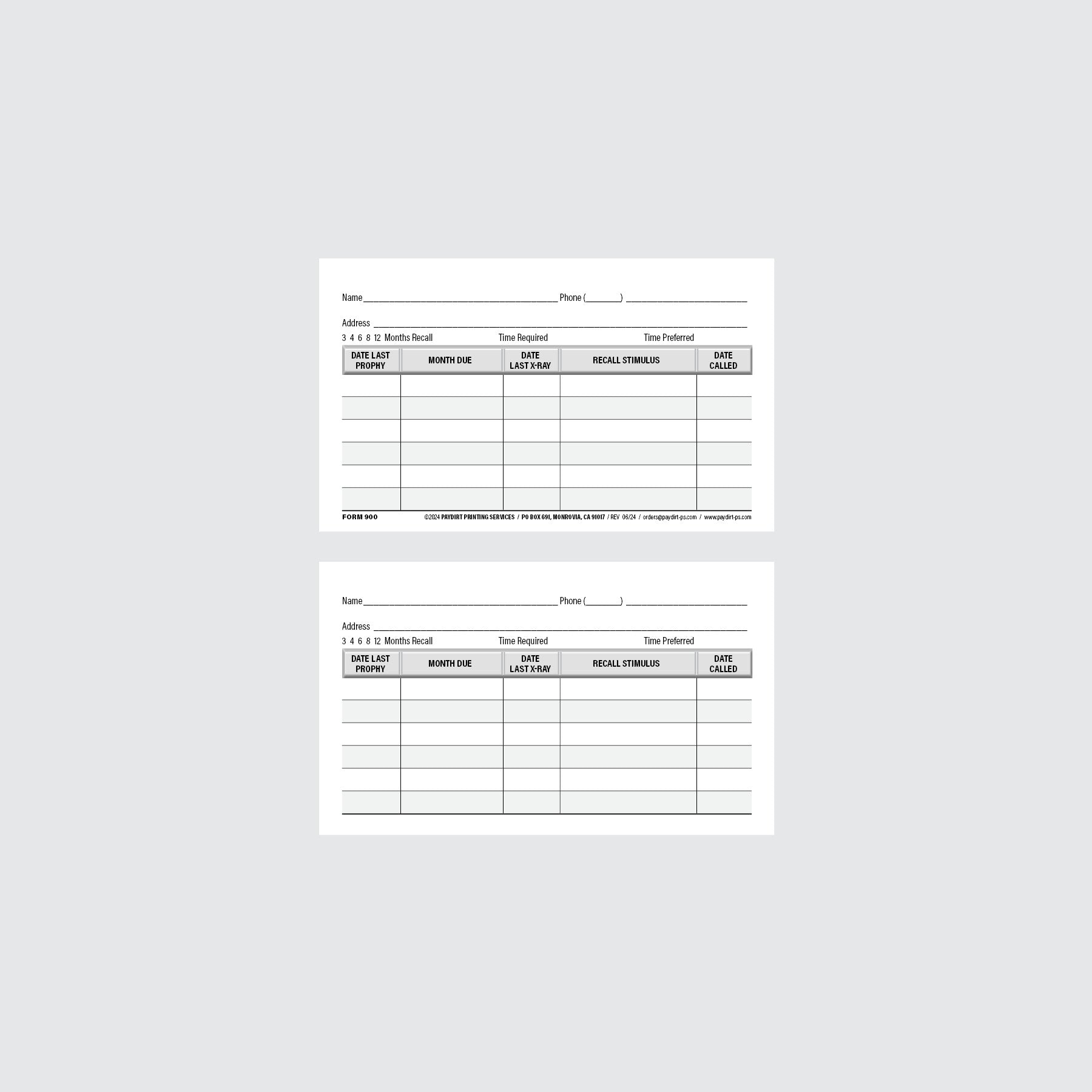 Form 900 - Recall Control Cards