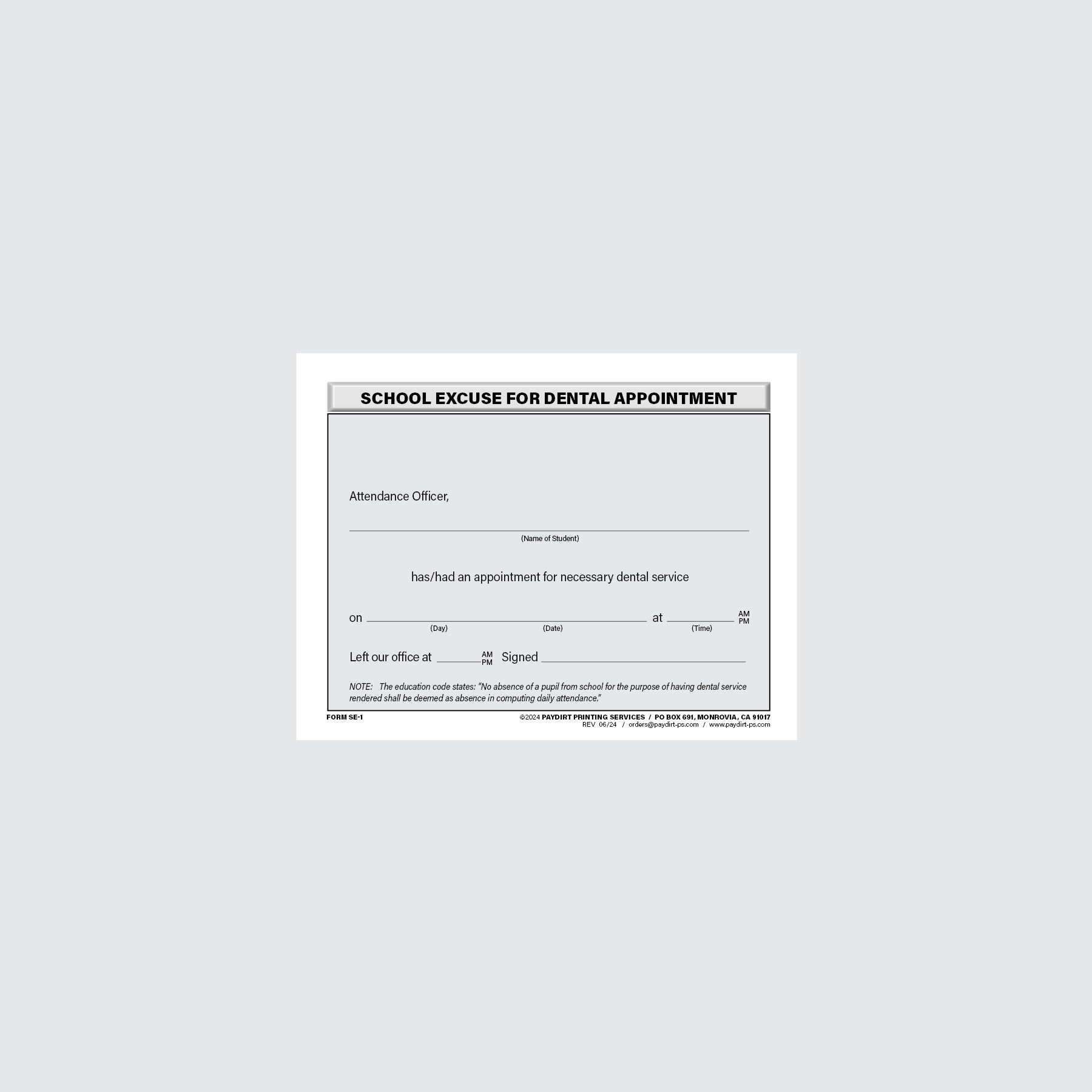 Form SE-1 - School Excuse For Dental Appointment