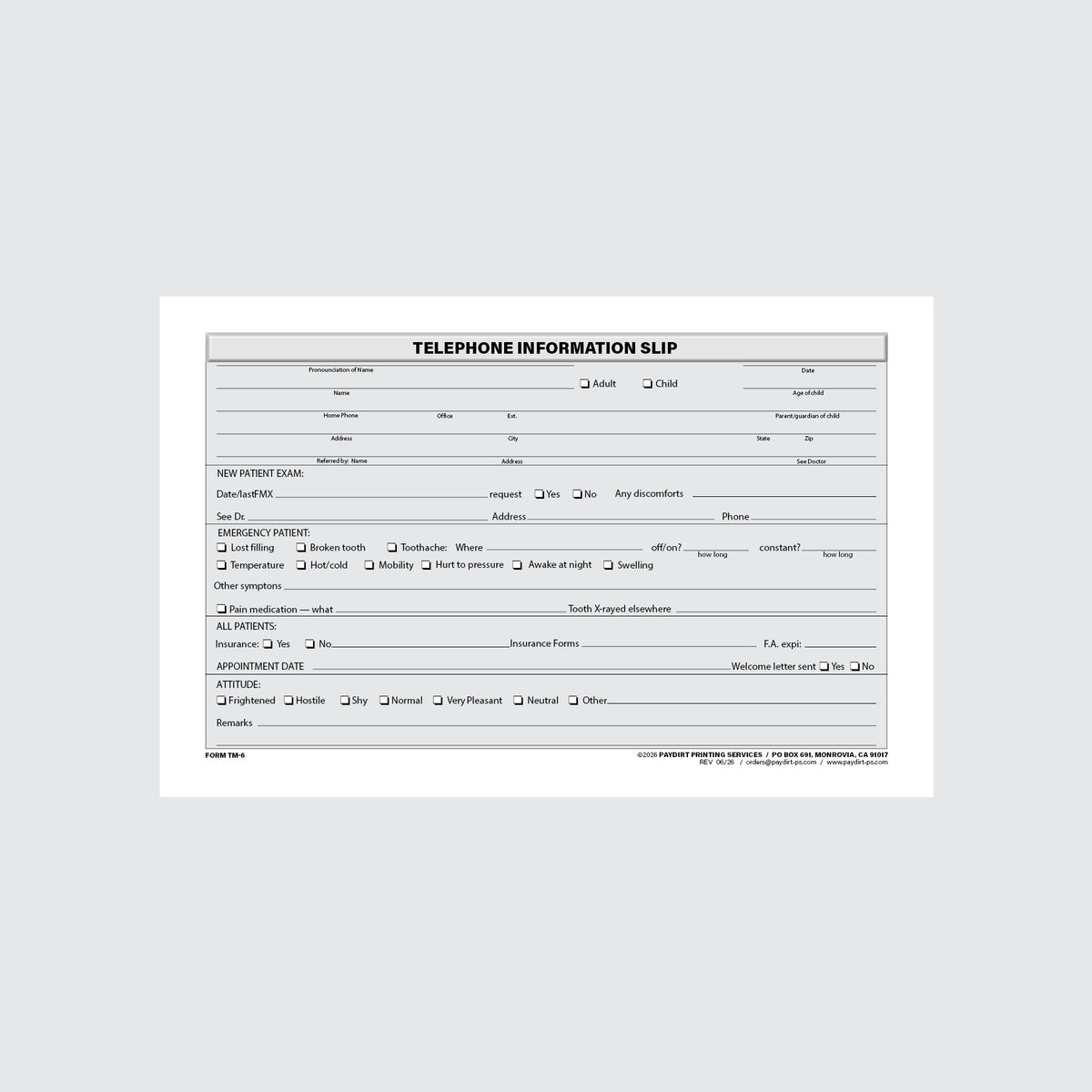 Form TM-6 - Telephone Information Slip